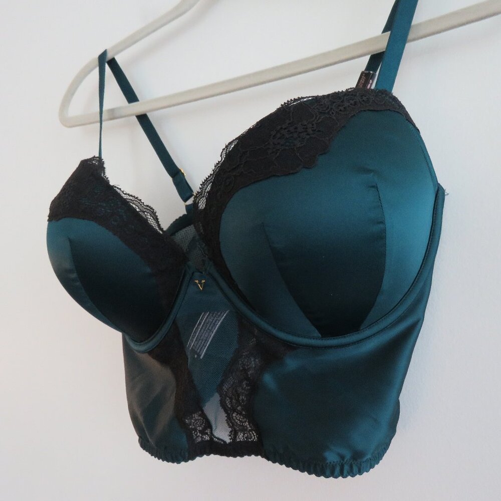 VICTORIA'S SECRET Very Sexy Push Up Corset Bra Green Satin Lace - Size 34DD NWT - Picture 8 of 16